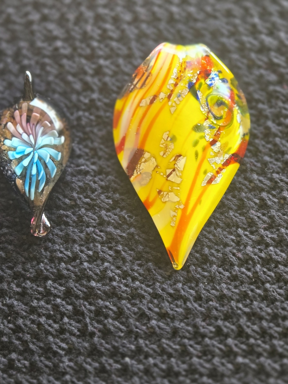 2 Artisan Glass Teardrop Pendants with Gold Foil